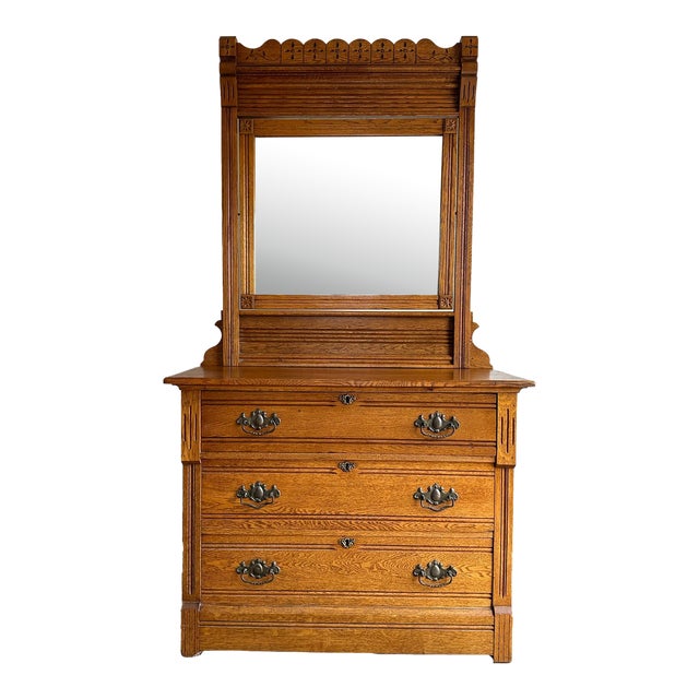 American Antique Oak Wood Eastlake 3 Drawer Dresser With Large Mirror For Sale