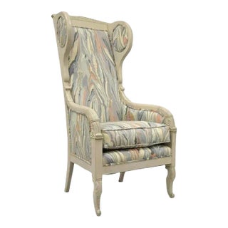 Vintage French Empire Neoclassical Style Marble Fabric High Wingback Arm Chair For Sale