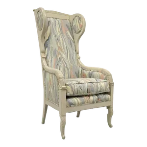 Vintage French Empire Neoclassical Style Marble Fabric High Wingback Arm Chair