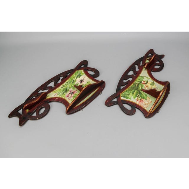 Wood Art Nouveau Wooden Hand-Painted Floral Shelves, Germany, 1910, Set of 2 For Sale - Image 7 of 18