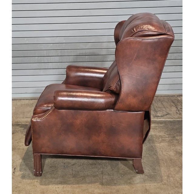 Late 20th Century Share Hancock & Moore Brown Leather Mahogany Chippendale Style Wing Chair Recliner For Sale - Image 9 of 13