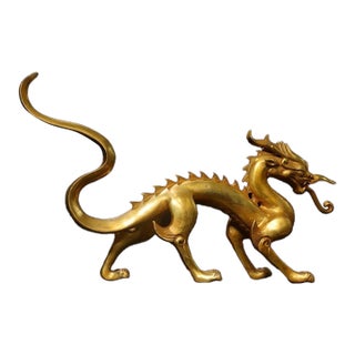 Vintage Gilt Copper Striding Dragon Statue / Scholar's Desk Object For Sale