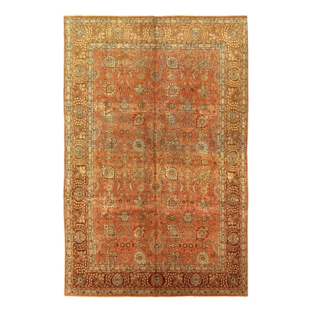 Antique Persian Tabriz in handmade silk and wool rug on a cotton foundation with a medallion square motif. Hand-Spun Wool...