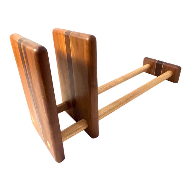 1970's Adjustable Sliding Inlaid Wood Bookends For Sale