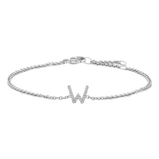10K White Gold Diamond Accent "W" Initial Charm and Link Bracelet For Sale