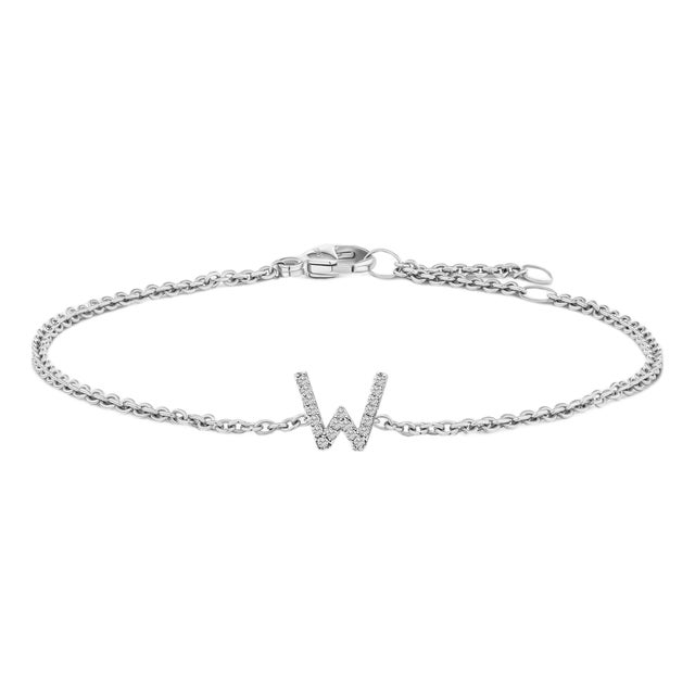 10K White Gold Diamond Accent "W" Initial Charm and Link Bracelet For Sale