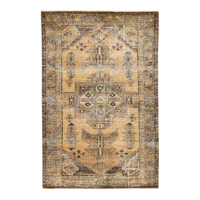 1960s Vintage Persian Distressed Handmade Geometric Brown Wool Rug For Sale