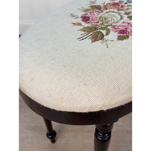 Brown Antique Traditional Mahogany Floral Needlepoint Oval Vanity Seat Stool For Sale - Image 8 of 10