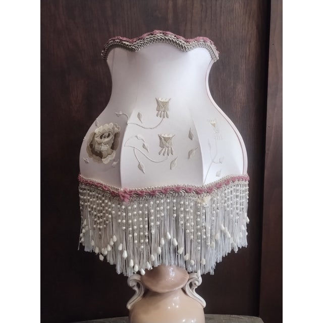 Vintage Victorian Regency Style Floral Lamp Dusty Rose Pink Fringed Beaded Shade For Sale - Image 12 of 12