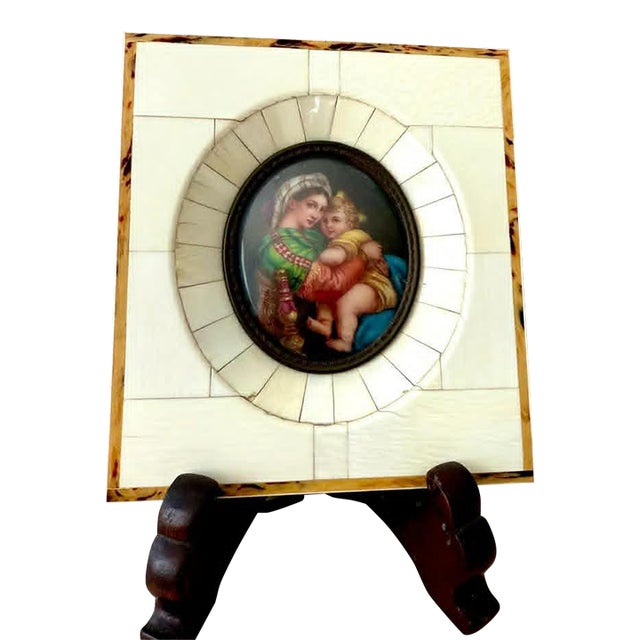Antique Italian Miniature Porcelain Plaque Hand-Painted Madonna and Child in Bone Frame For Sale