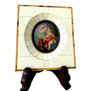 Antique Italian Miniature Porcelain Plaque Hand-Painted Madonna and Child in Bone Frame