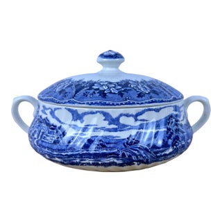 1940s English Blue & White “Old Castle” Covered Tureen by Barratts Staffordshire For Sale