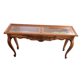 1970s Pennsylvania House Queen Anne Oak Glass Coffee Table Carved Vintage For Sale