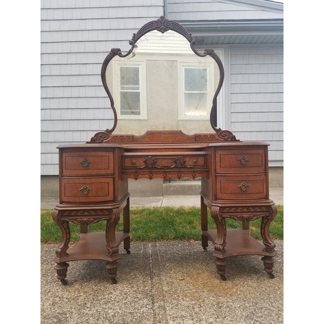 Vintage Art Deco Waterfall Ladies Makeup Vanity Dresser With Mirror