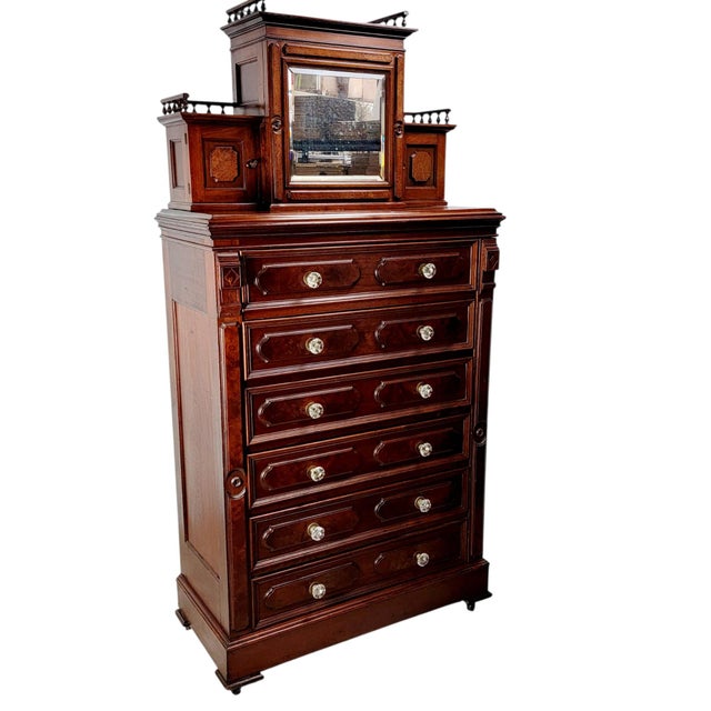 Kimbel & Cabus Gothic Revival Walnut Tall Chest With Mirror 84" For Sale - Image 15 of 18