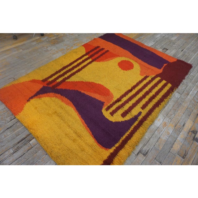 Mid-Century Modern 1960s Multicolor Abstract Modern Vintage Swedish Shag Pile Rya Rug 4'6''x 6'6'' Handknotted Wool Carpet For Sale - Image 3 of 11