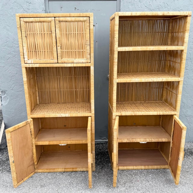 Boho Chic Boho Chic Blonde Wicker Cabinet/Etageres - A Pair For Sale - Image 3 of 11