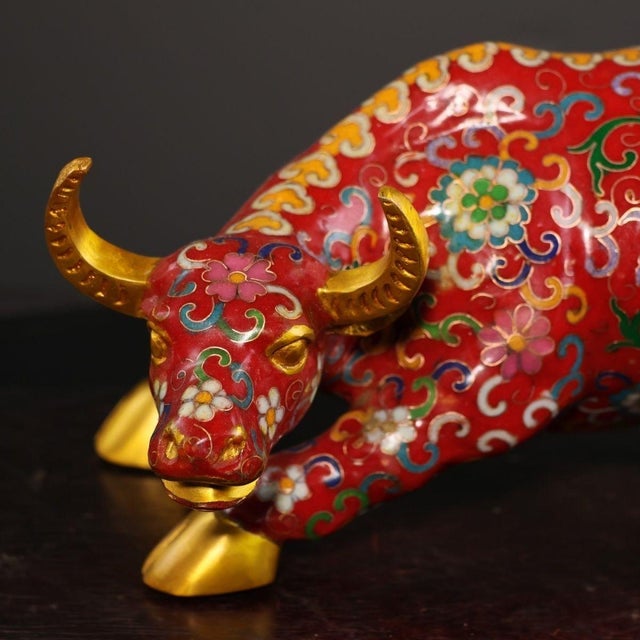 Red Vintage Cloisonné Enamel Golden Ox Statue With Floral Motif For Sale - Image 8 of 9