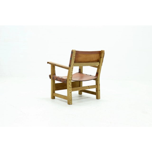 Wood Brutalist Armchair in Pine and Cognac Leather, 1960s For Sale - Image 7 of 11
