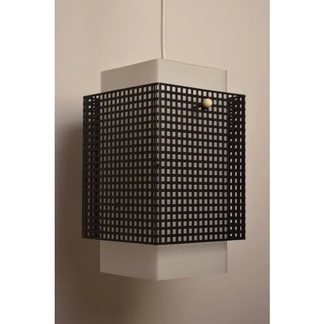 Metal Grid Motif Squared Black and White Pendant Chandelier For Sale - Image 7 of 8