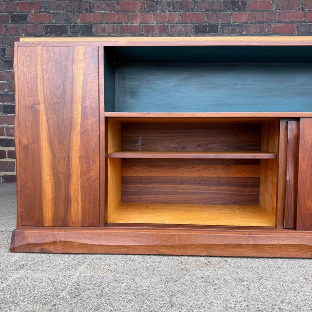 American American Studio Robert Whitley Studio Credenza – Mixed Wood W/ Teal Interior, Sculptural Case and Pulls Finished on Both Sides For Sale - Image 3 of 12