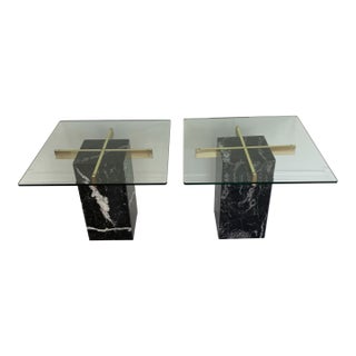 A Pair of Vintage Artedi Black Marquina Marble Glass Side Tables For Sale