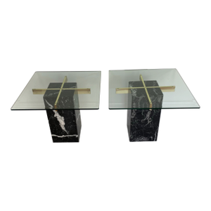 A Pair of Vintage Artedi Black Marquina Marble Glass Side Tables