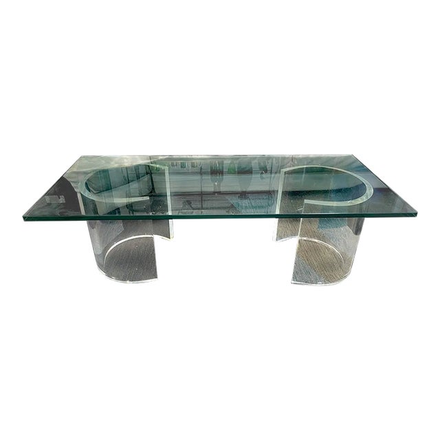 1950s Mid Century Modern Curved Lucite Double Pedestal Glass Coffee Table For Sale