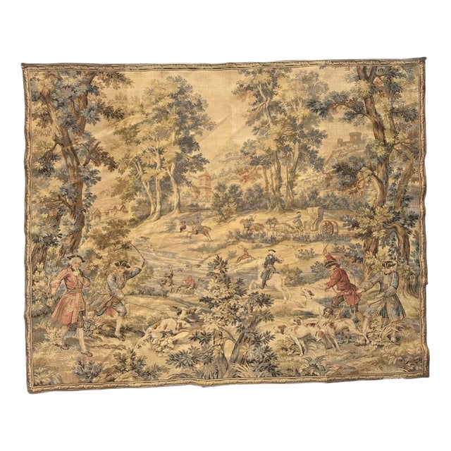 Vintage French Aubusson Jacquard Tapestry Hunting with Hounds, 1970s For Sale
