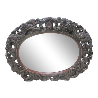 Ebonized Chinese Dragon Carved Oval Mirror For Sale