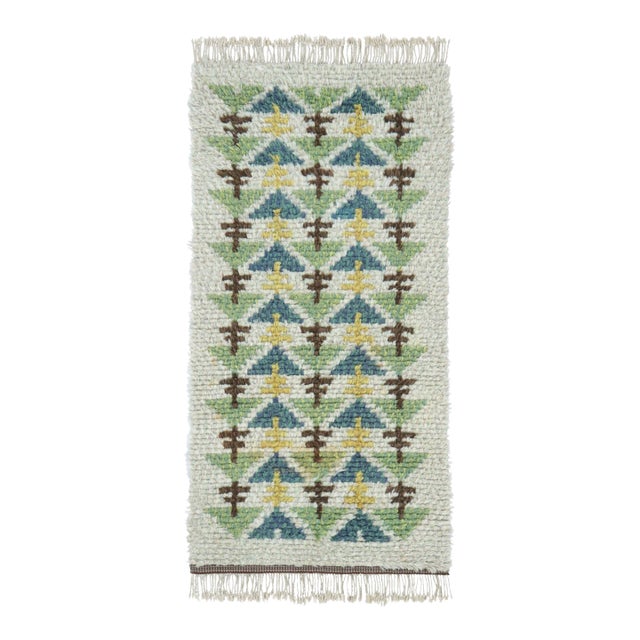 Vintage Swedish Rya Runner With Teal and Green Geometric Design - Rug & Kilim For Sale