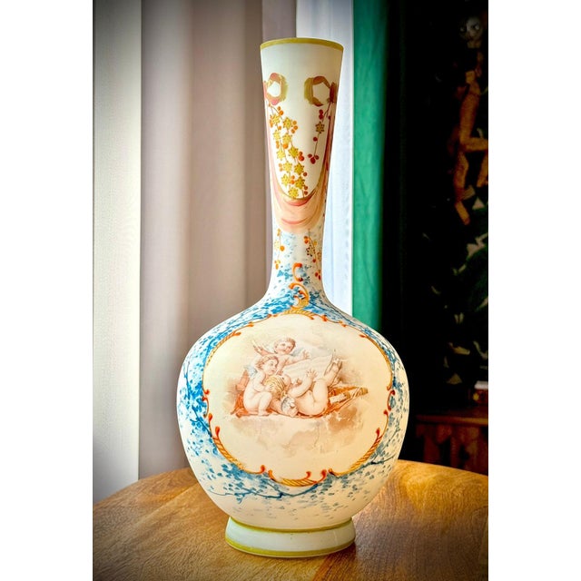 French Opaline Glass Vases with Hand-Painted Cherubs, 19th Century, Set of 2 For Sale - Image 6 of 17