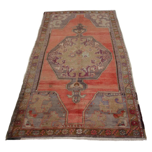 Distressed Area Rug Hand Knotted Muted Color Oushak Medallion Rug - 3'6'' X 6'8'' For Sale - Image 4 of 14