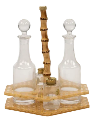 Condiment Set in Acrylic Glass, Wicker and Brass in the style of Christian Dior, Italy, 1970s, Set of 5