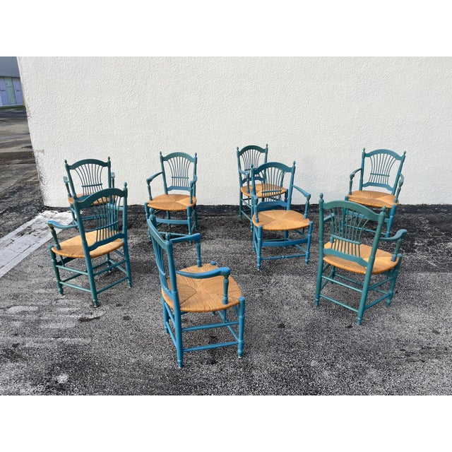1980s Set of Eight Country French Wheat Sheaf Back Chairs, Rush For Sale - Image 16 of 17