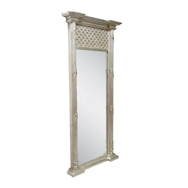 Neoclassical Regency style handcrafted mirror. Rectangular hand carved wooden structure with silver foiled finish, Spain,...