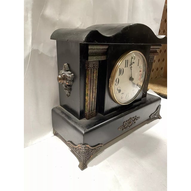 Antique American Black Mantel Clock by Waterbury For Sale - Image 4 of 7
