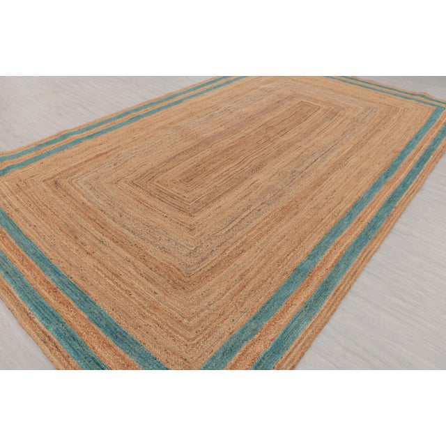 Turquoise Blue Double Border Rectangle Jute Handmade Rug 3'x5' Ft. For Sale - Image 9 of 13