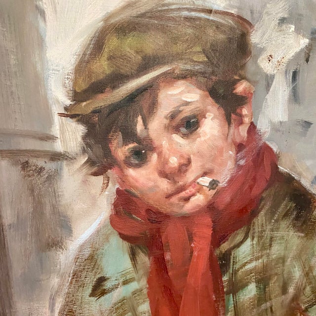 Mid 20th Century Portrait of Young City Newsboy in Winter Oil on Canvas Framed For Sale - Image 13 of 15