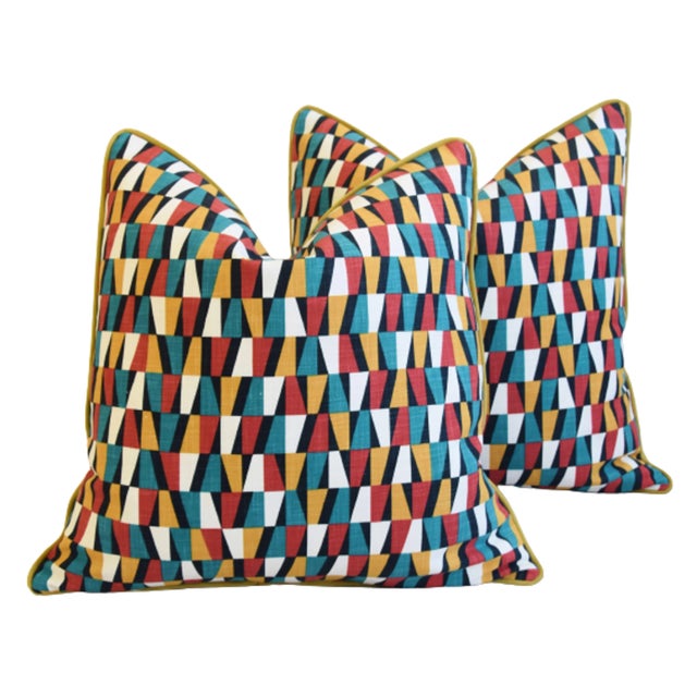 Designers Geometric Teal/Red/White/Gold Feather/Down Pillows 22" Square - Pair For Sale - Image 4 of 7