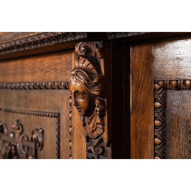 English Carved Oak Breakfront Glazed Bookcase, 1870s For Sale - Image 10 of 18