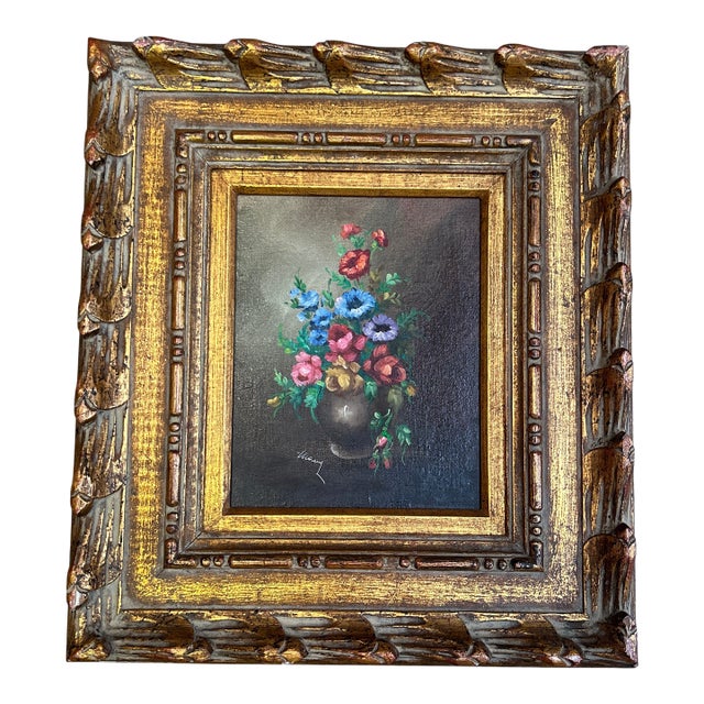 1970’s Original Flowers in Vase Still Life Painting in Chunky Gold Frame For Sale