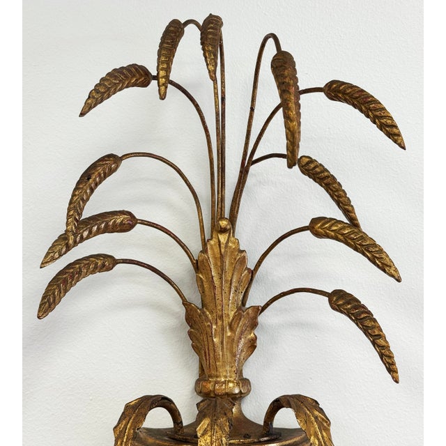 Vintage Italian Gilt Wood Tole Sheaf of Wheat Candle Sconces, a Pair For Sale In Kansas City - Image 6 of 9