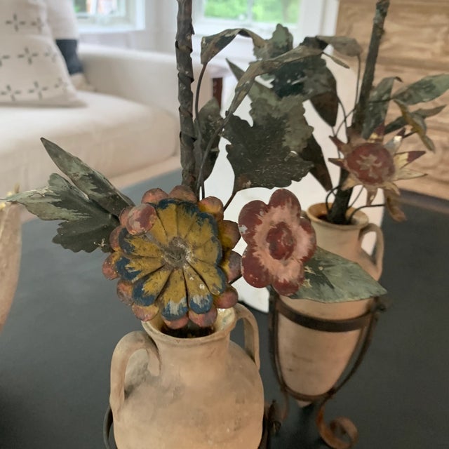 Metal Antique French Tole Flowers in Pottery Urns- Pair For Sale - Image 7 of 9