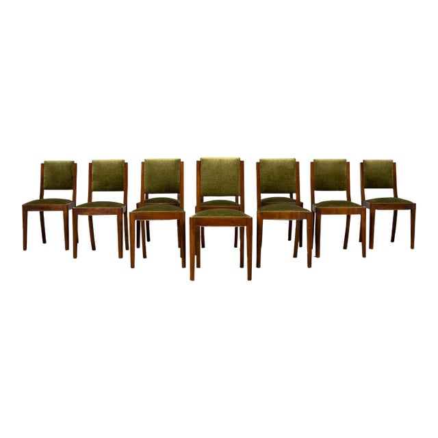 1930s French Art Deco Walnut Dining Chairs in Olive Green Velvet – Set of 10 For Sale