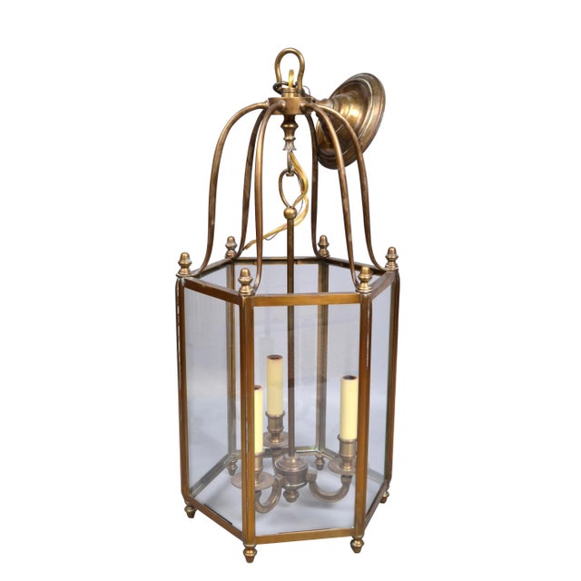 Rustic Brass and Glass Lantern Three-Light Hall Lantern For Sale In Miami - Image 6 of 6