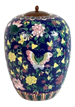 Vintage Mid 20th Century Chinese Dark Blue Ginger Jar With Multi Coloured Butterflies, Moths & Flowers
