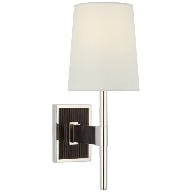 Elle Small Single Sconce in Polished Nickel and Black Rattan with Linen Shade Designer: Suzanne Kasler Height: 14.75"...