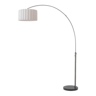 1960s Scallop 92" Arc Floor Lamp, Modern Black Nickel, Black Marble Base, White Linen Shade, Dimmable, Led Bulb Included For Sale