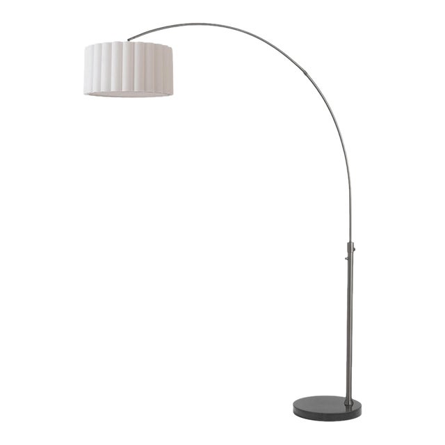 1960s Scallop 92" Arc Floor Lamp, Modern Black Nickel, Black Marble Base, White Linen Shade, Dimmable, Led Bulb Included For Sale